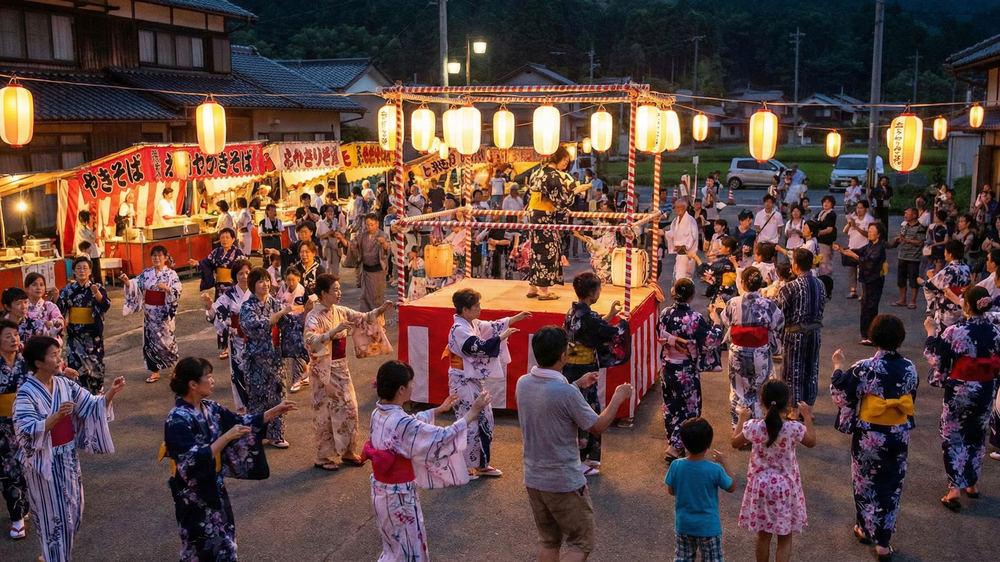 地域の伝統行事や祭りを守り、交流人口を増やす取り組み。浴衣姿で盆踊りを楽しむ多くの住民。