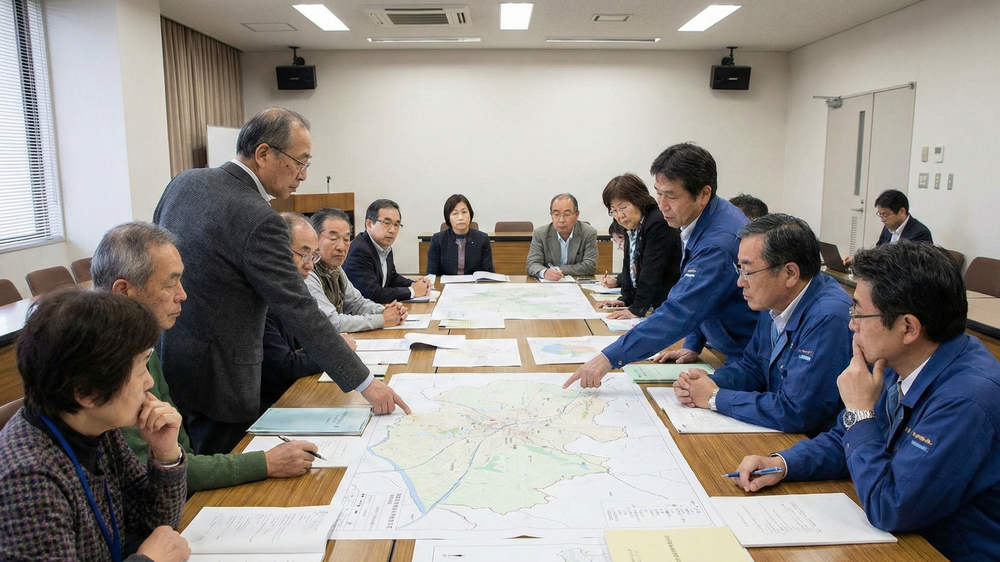 地方の人口減少対策を話し合う会議で、地域の地図を指差しながら具体的な進め方を協議する様子。