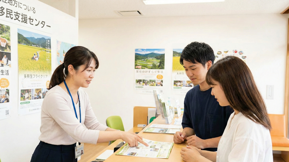 地方移住を支援する相談センターで、移住の進め方や支援制度について説明を受ける若い男女。