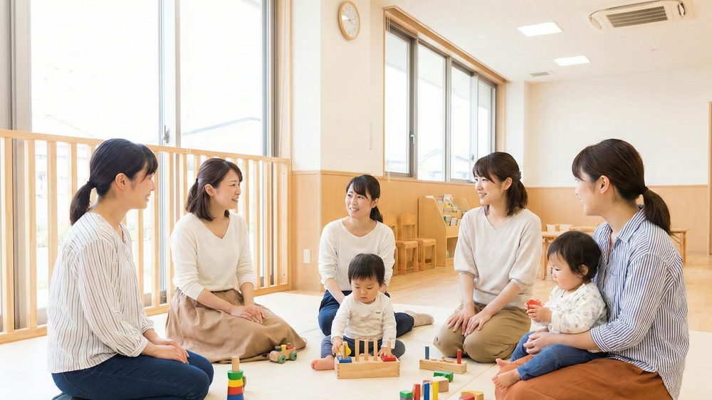 地方での人口を増やすために不可欠な子育て支援の取り組み。明るい施設で交流する親子の様子。