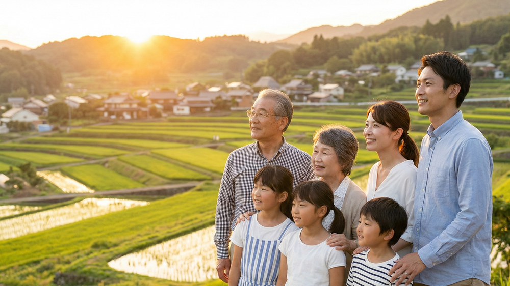 地方の人口を増やす取り組みの成果である多世代定住。夕焼けの美しい田園風景を眺める家族。