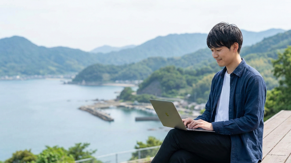 人口減少による地方分散が進む中、海の見える場所でテレワーク・ワーケーションを行う男性