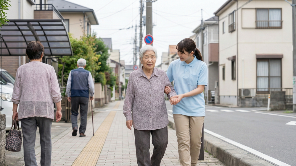 人口減少に伴う介護・福祉の充実した地域で、スタッフの支援を受けながら自立した生活を送る高齢者