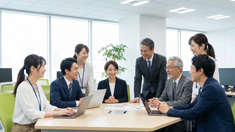 労働力減少を見据え、シニアと若手が知識を共有し合い、活発に議論する自治体の企業オフィス
