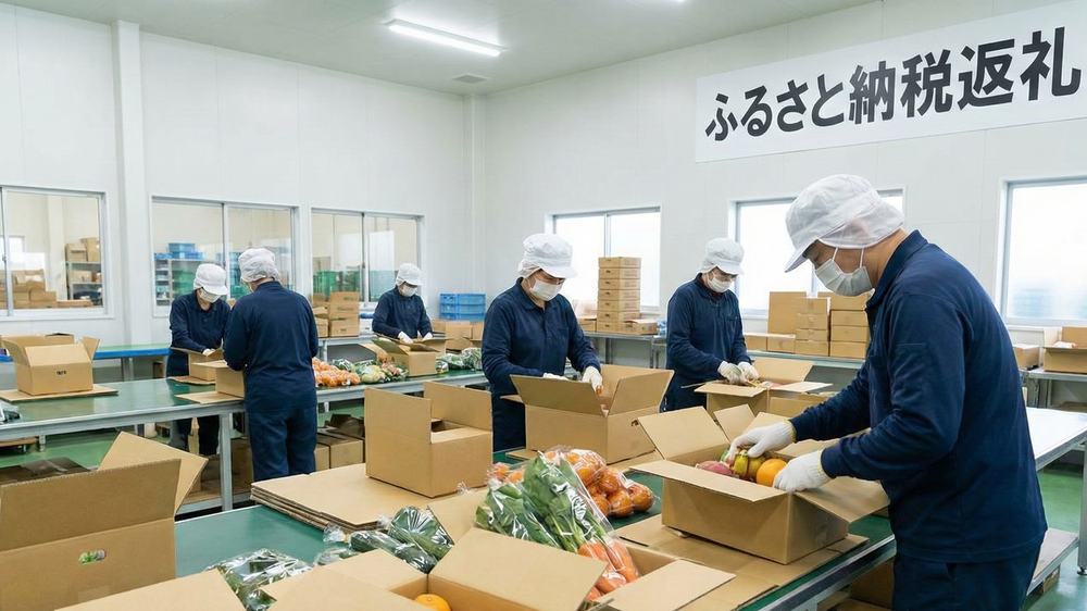 地域PRの要となるふるさと納税返礼品として、地元の新鮮な特産品を丁寧に箱詰めし発送準備する様子。