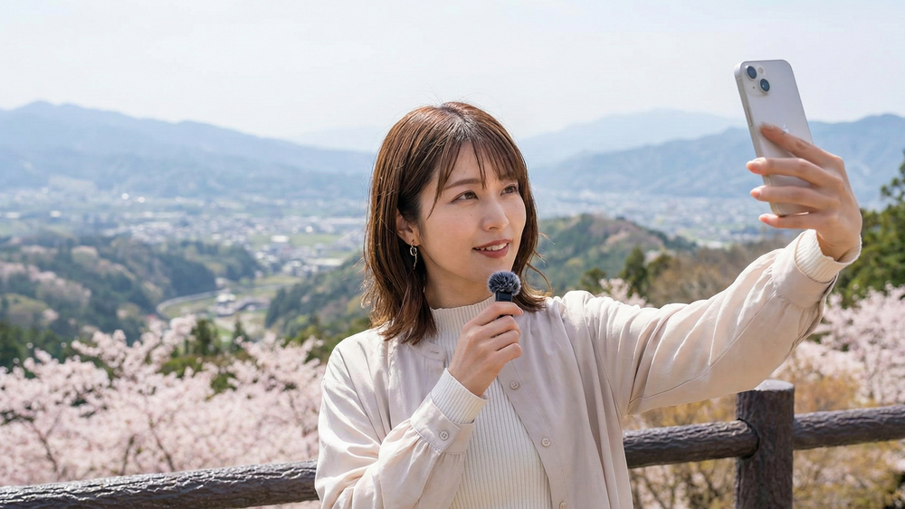 地域の観光名所からライブ配信を行い、桜の絶景をSNSフォロワーに向けてPRするインフルエンサーの女性。