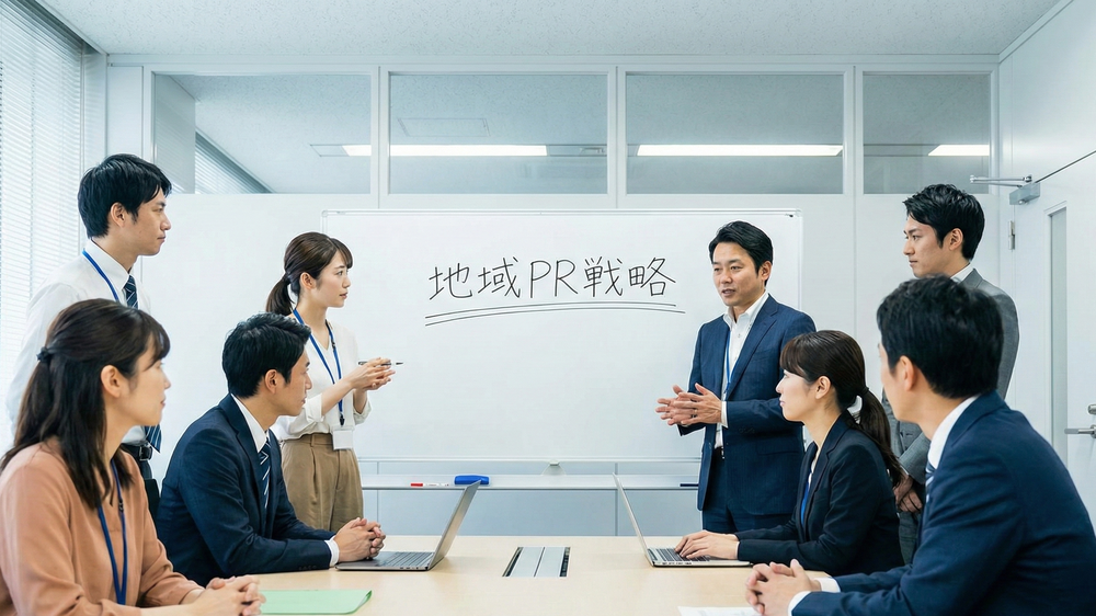 効果的な地域PR戦略を立案するため、ホワイトボードを使いオフィスの会議室で議論する自治体や企業のチーム。
