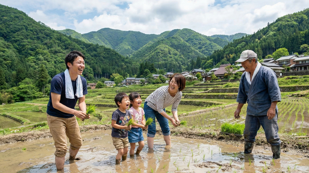 日本の豊かな農村風景と地域ブランドの源泉である米作りを楽しむ家族と地元の農家。