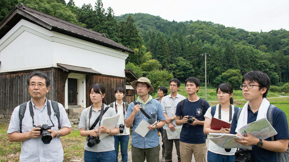 地域ブランド構築のステップとして、伝統的な土蔵や町並みを現地調査する専門家チーム。