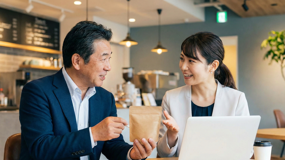 地域ブランドの魅力を伝えるパッケージデザインについて打ち合わせる専門家と生産者。