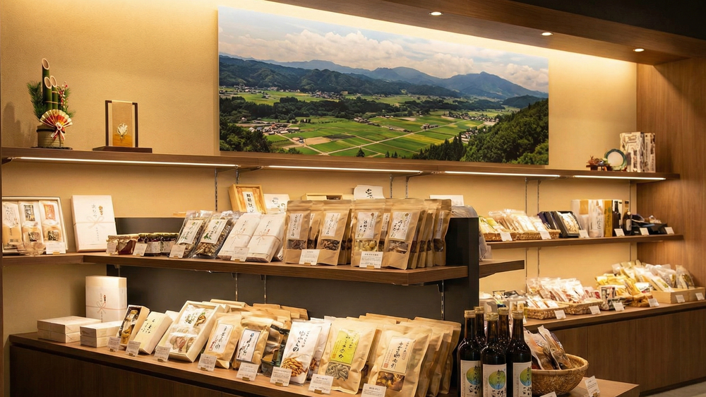 統一感のあるデザインでブランディングされた地域の加工品が並ぶ、おしゃれな特産品ショップ。