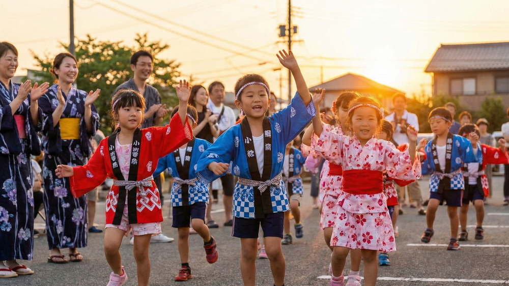 地域ブランドの情緒的価値を育む、地元の祭りで伝統の踊りを披露する笑顔の子供たち。