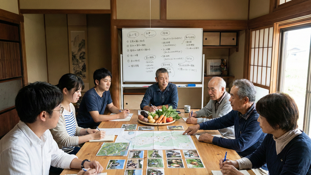 地域住民と外部アドバイザーがワークショップ形式で地域の強みを洗い出す構築ステップ。