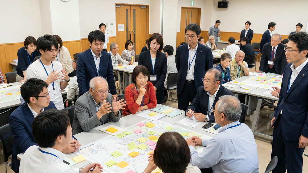 多世代が協力して地域活性化のアイデアを出し合い、持続可能な計画を立てるワークショップ。