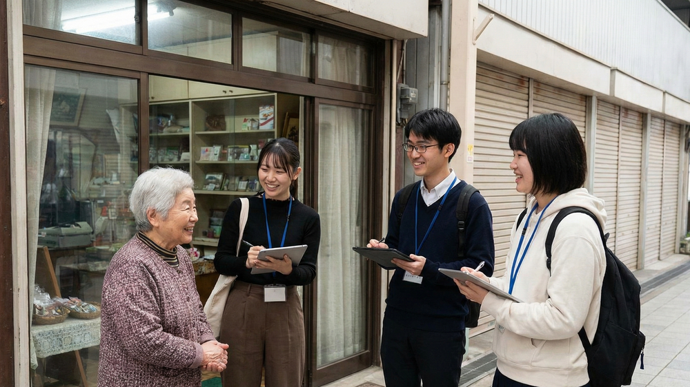 地域活性化に必要な現地調査として、学生が商店街の店主から成功のヒントを聞き取る様子。