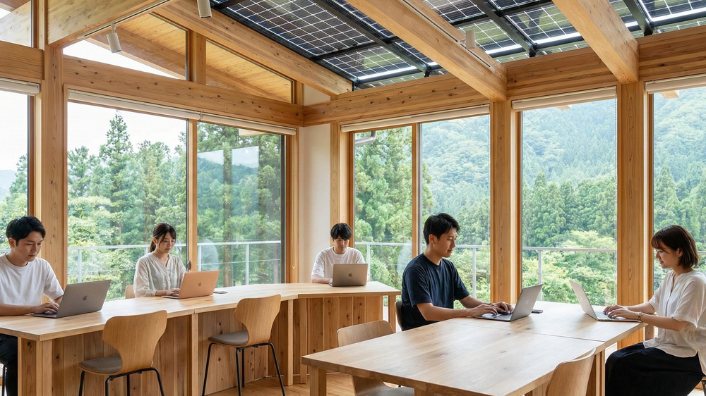 地域活性化を支える拠点となる、最新のソーラーパネル屋根を備えたサテライトオフィス。