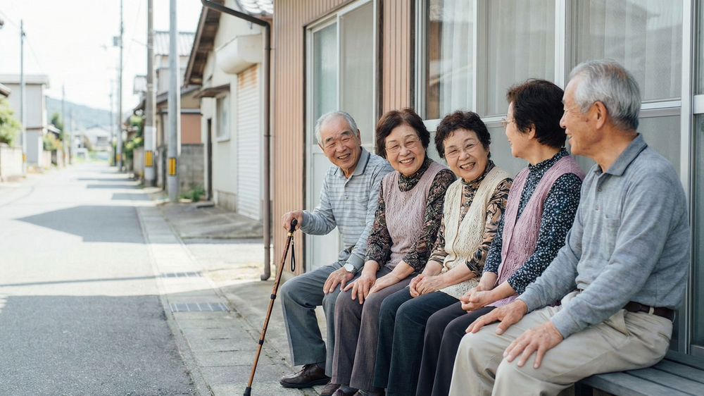 高齢化社会における孤立防止と地域コミュニティ。住宅街の軒先で笑顔で会話を楽しむ高齢者たちの集い。
