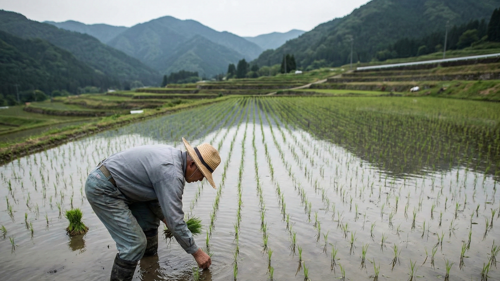 農業分野の課題である後継者不足と労働力不足。険しい地形にある棚田で、手作業で田植えを行う高齢の農家。