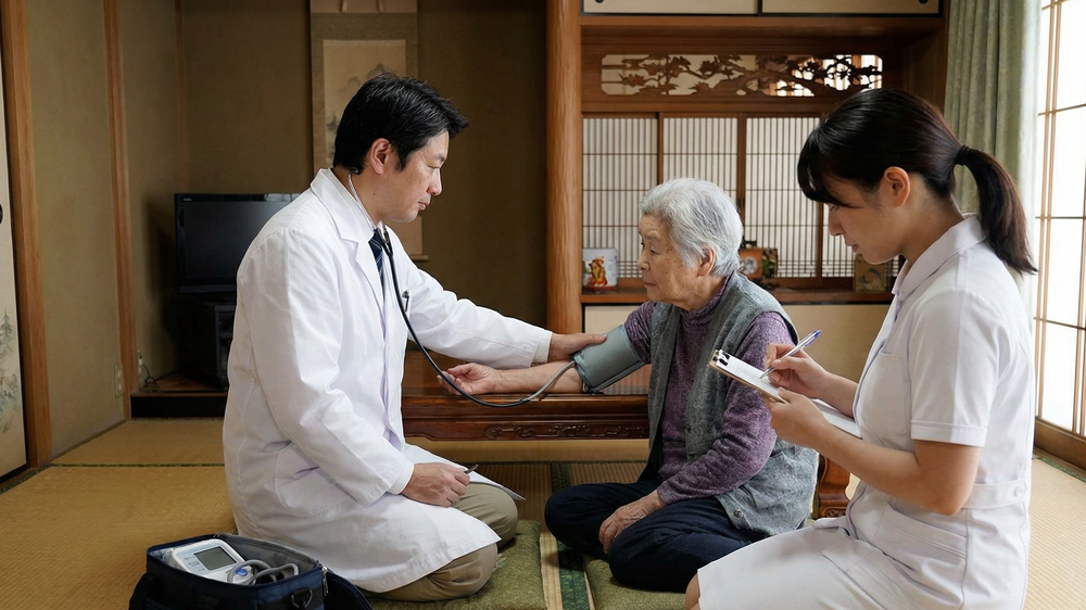 地方の医療格差と訪問診療の重要性。自宅で血圧測定を受ける高齢女性と、地域医療を支える医師・看護師の往診。