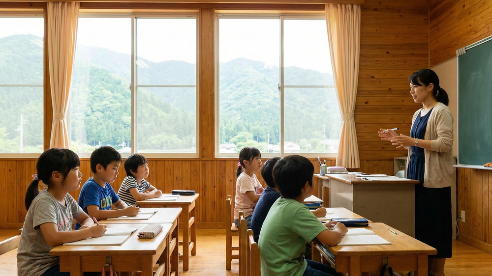 地方の医療格差と訪問診療の重要性。自宅で血圧測定を受ける高齢女性と、地域医療を支える医師・看護師の往診。