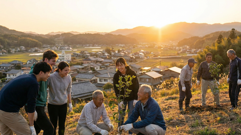 日本の地域課題解決に向けた多世代交流の具体例。農村での若者と高齢者による共同作業とコミュニティ再生。