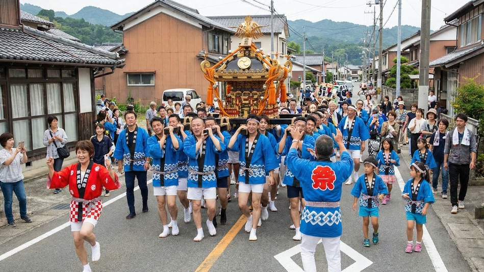 伝統行事の継承による地域コミュニティの維持。子供から高齢者までが笑顔で伝統的な祭りの神輿を披露する様子。