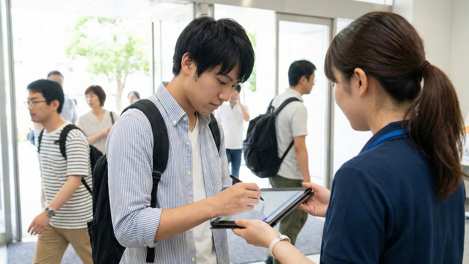 地域の現状と強みを把握するために職員が住民にタブレットを使ってアンケートをとっている様子