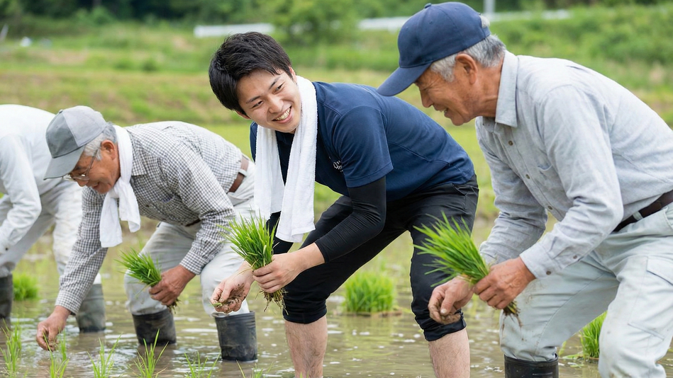 過疎化対策の一環として、若い世代の男性が高齢の方と田植えをする様子。