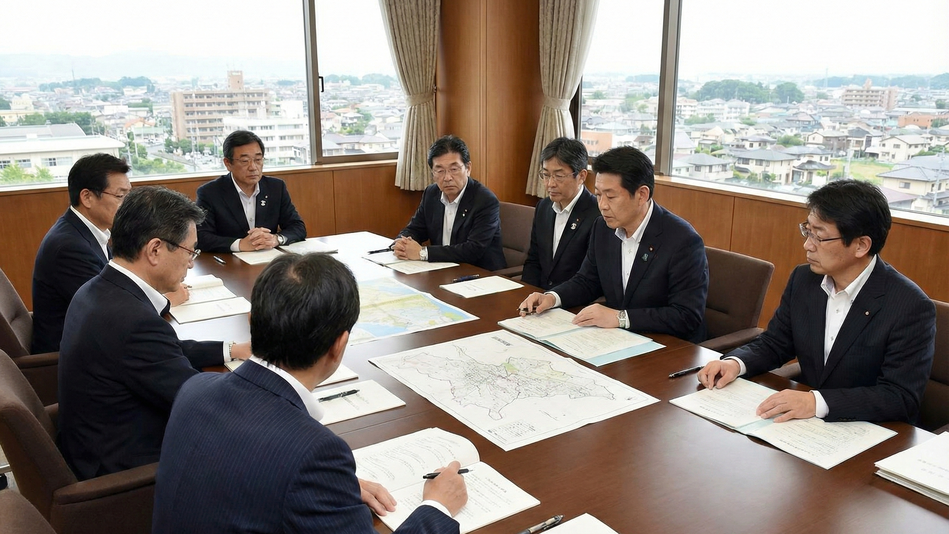 会議室の机でスーツを着た男性が地図と資料を広げて地方創生の現状について話し合っている様子