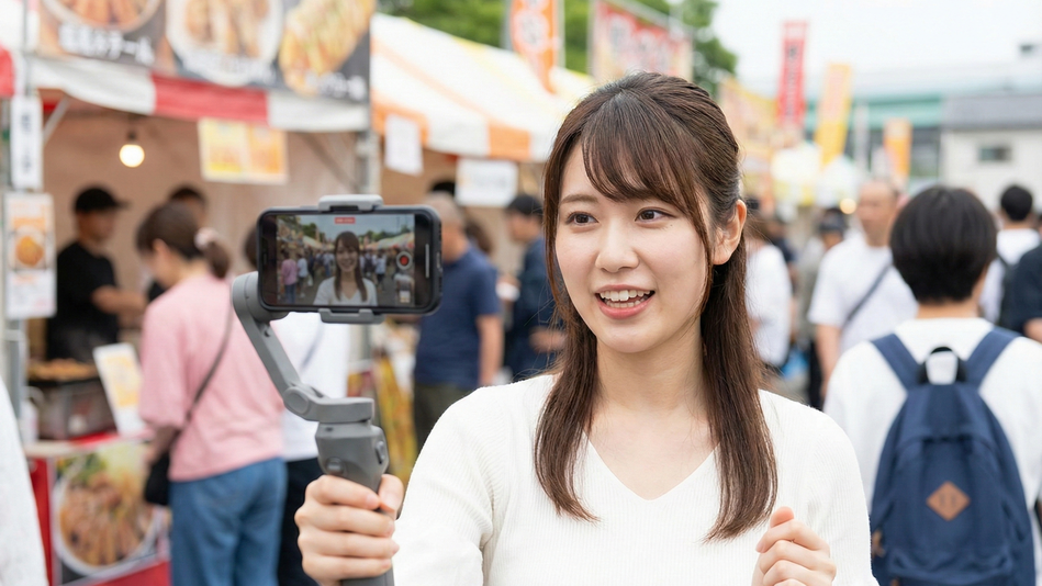 地域PRイベントで活気づく中でライブ配信中の女性。地元のグルメを食べ歩き楽しむ観光客で賑わう様子。