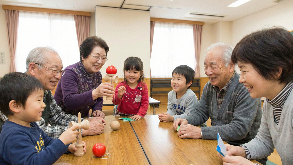 高齢の方と子供たちの交流によって、地域の活性化を促している様子