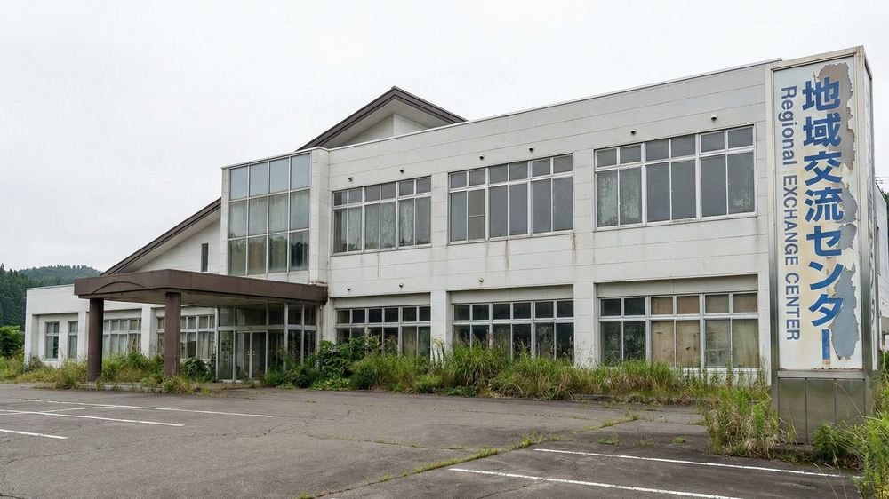 地方創生の失敗が招く、実用の伴わない公共施設。閉鎖され荒廃した「地域交流センター」の建物。活用されずに放置された遊休施設は、地域経済に負担をかけ、地方の衰退を象徴している