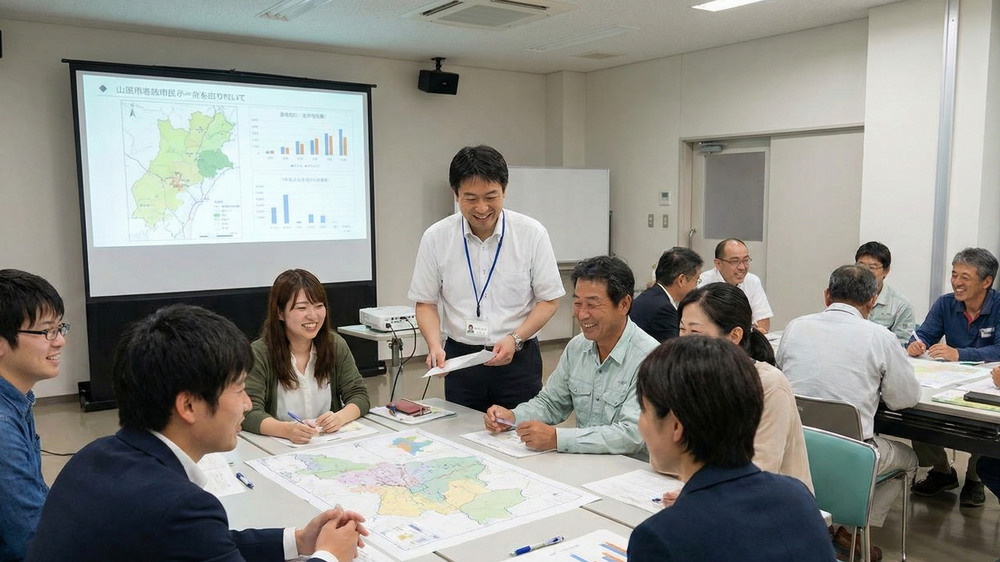 地方創生を成功に導くための具体的な対策、住民参加型のワークショップ。若者と地元住民が地図を囲み、笑顔で意見交換を行う様子。信頼関係に基づいた地域活性化の取り組み