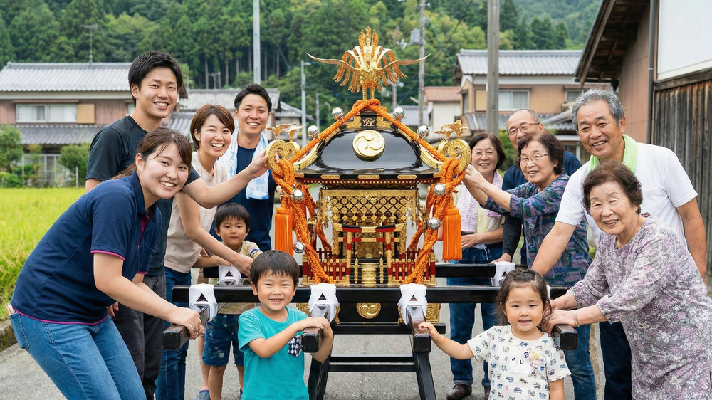 方創生の根幹となる、地域コミュニティの活性化。伝統行事の神輿を囲む、若者、子ども、高齢者の多世代交流。文化を継承し、住民同士の繋がりを強めることが成功への近道