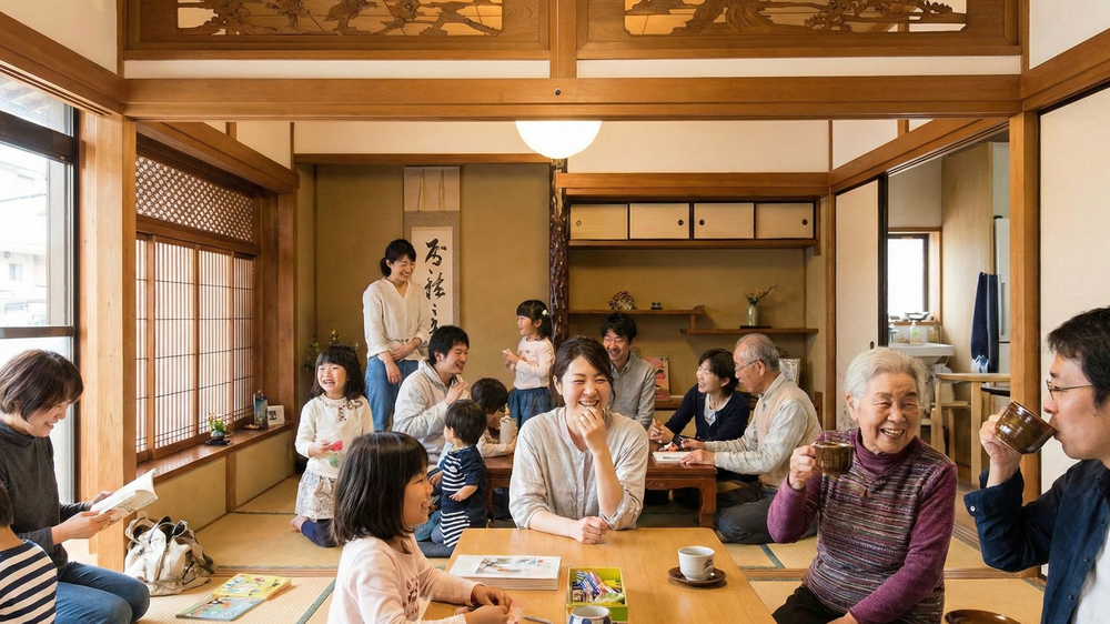 地方創生の最終目標である、安心して暮らせる持続可能な社会。古民家の和室で子供から高齢者までが団らんする様子。多世代が共に支え合い、次世代へ豊かな暮らしを繋ぐ地域づくりの理想像