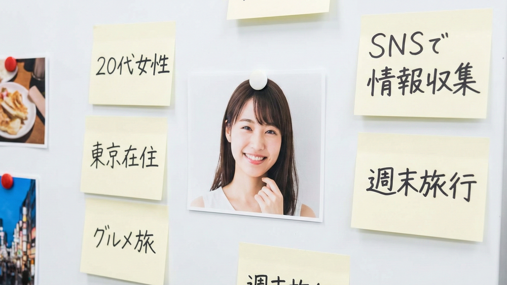 観光客を増やすためのターゲット分析で、20代女性のペルソナを設定するワークショップの様子。