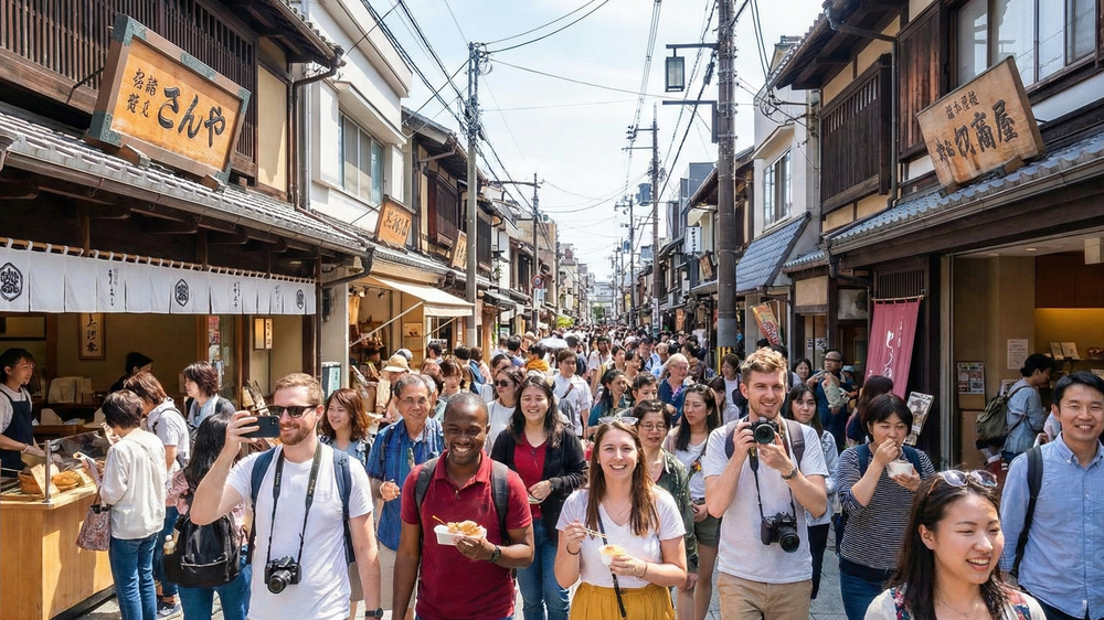 地域の歴史的景観を活かした観光施策により、多様な外国人観光客で活気づく伝統的な町並み。