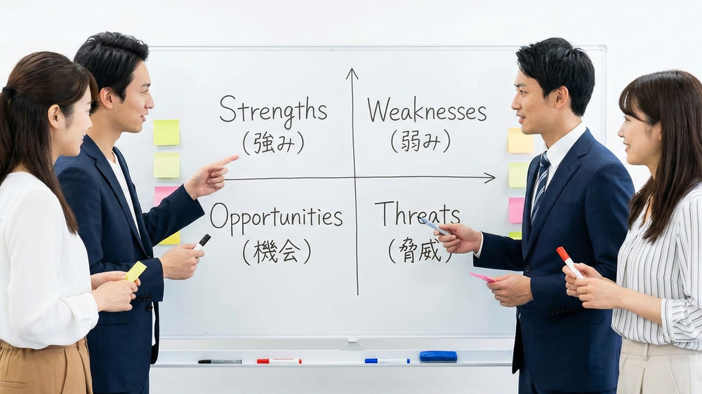 観光客を増やすための「地域の強み分析」として、ホワイトボードを使いSWOT分析を行うビジネスチーム。