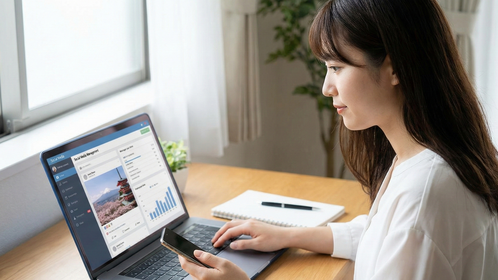 観光DX施策として、SNSの運用データや投稿インサイトをPCで分析・管理する様子。