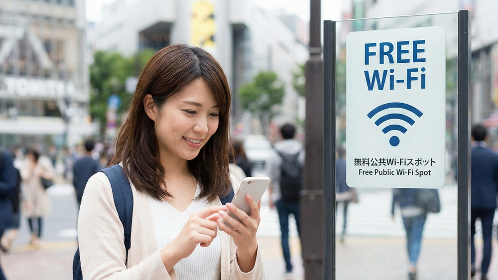 観光客の利便性を高めるWi-Fi整備。街中のフリーWi-Fiスポットでスマホを使う観光客。