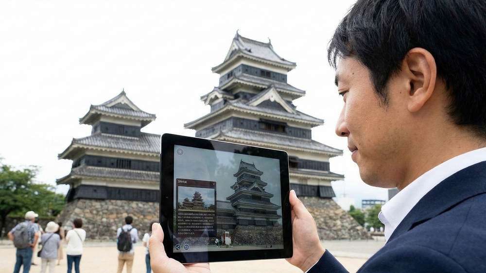 地域の強みを最新技術で伝える観光DXの具体例。ARアプリを活用して城郭を観光する様子。