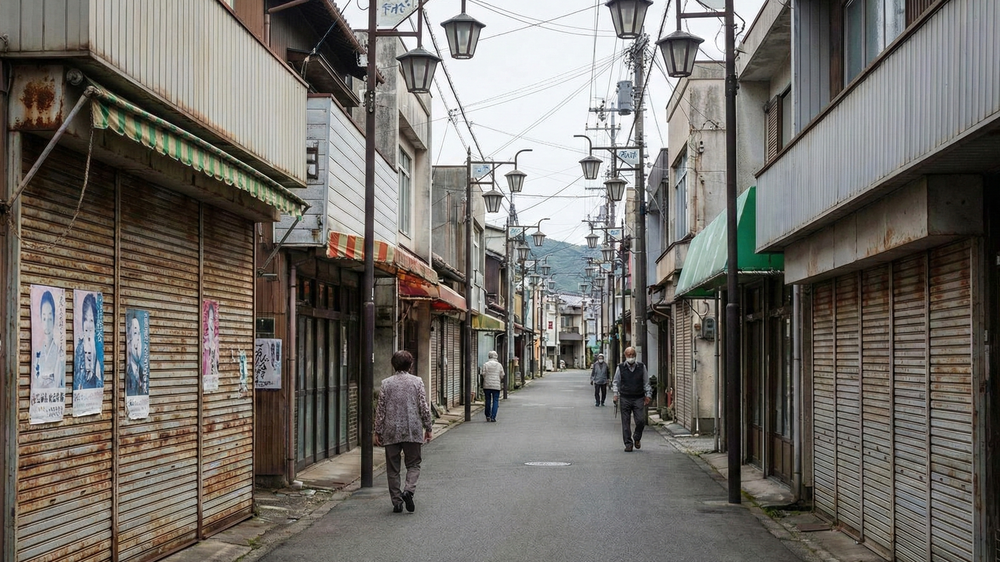地方自治体が直面する過疎化の現状。ほとんどの店舗のシャッターが閉まり、高齢者が数人歩くだけのシャッター通り。