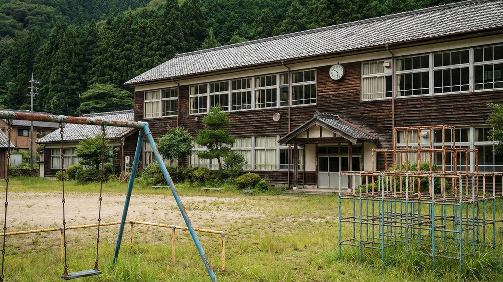 過疎化による少子化で廃校となった木造小学校。錆びたジャングルジムやブランコが放置され、校庭には雑草が広がっている。