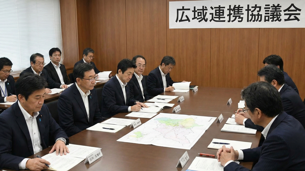 過疎化対策を議論する広域連携協議会の様子。自治体の担当者や専門家が地図を広げ、地域再生に向けた具体的な対応策を協議中。