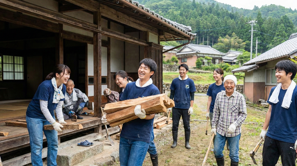 過疎化地域での地域おこし協力隊によるボランティア活動。若者たちが古民家で薪を運び、地元の高齢者と笑顔で交流する様子。