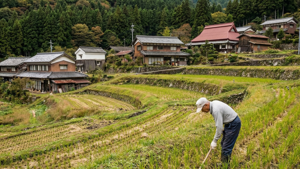 過疎化と高齢化が進む山間地域の現状。段々になった棚田で、腰を屈めて農作業に励む一人の高齢男性と、背後に並ぶ古い家々。